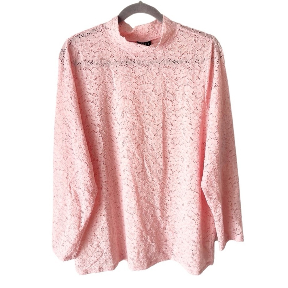 Torrid Top Women's 2X Pink Stretch Lace Mock Neck Long‎ Sleeve Coquette Girl
